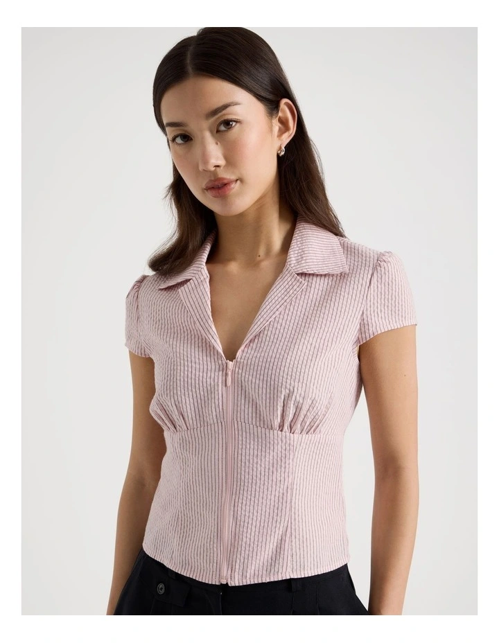 Fitted Short Sleeve Shirt with Zipper in Pink and Choc Stripe image 1