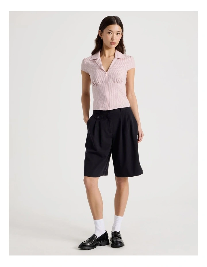 Fitted Short Sleeve Shirt with Zipper in Pink and Choc Stripe image 2