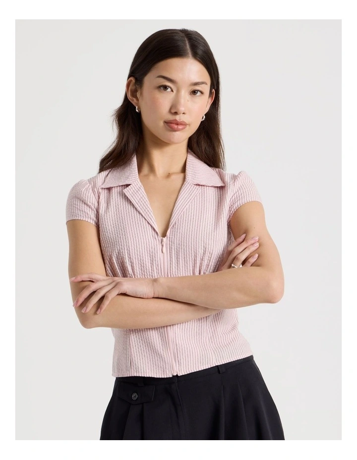 Fitted Short Sleeve Shirt with Zipper in Pink and Choc Stripe image 3
