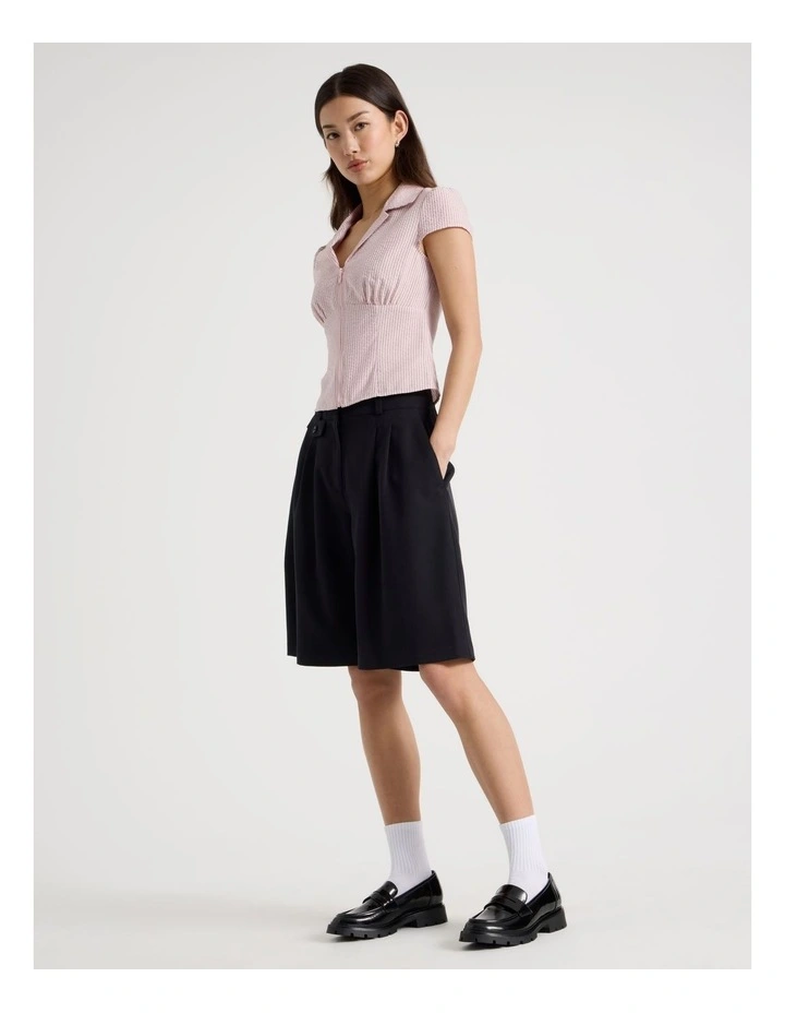 Fitted Short Sleeve Shirt with Zipper in Pink and Choc Stripe image 4