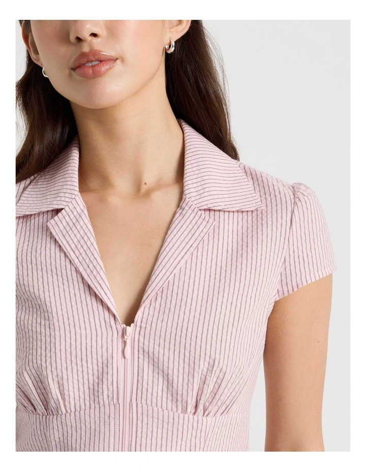 Fitted Short Sleeve Shirt with Zipper in Pink and Choc Stripe image 5