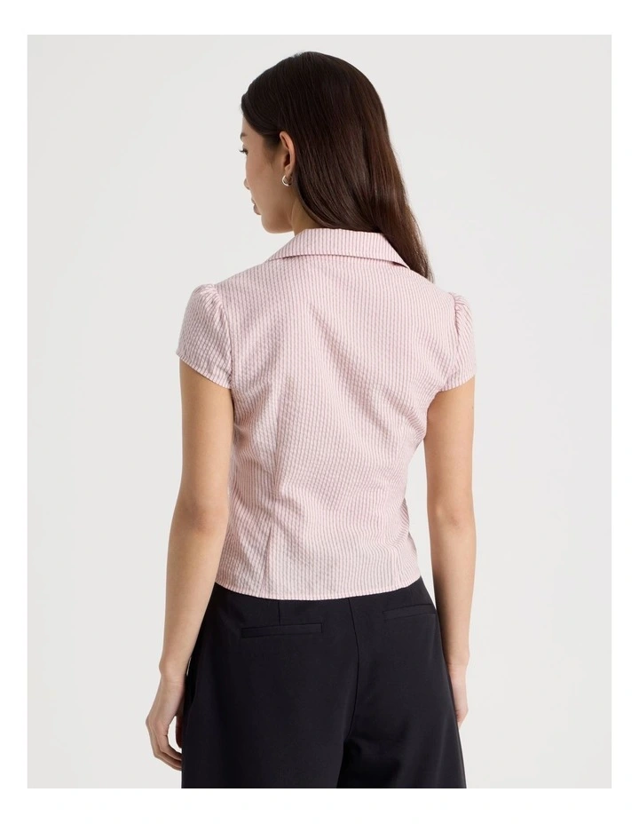 Fitted Short Sleeve Shirt with Zipper in Pink and Choc Stripe image 6