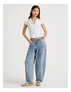 Fitted Short Sleeve Shirt with Zipper in White and Blue Stripe