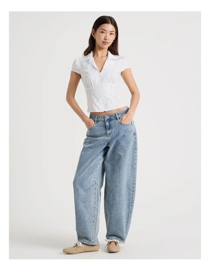 Fitted Short Sleeve Shirt with Zipper in White and Blue Stripe image 1