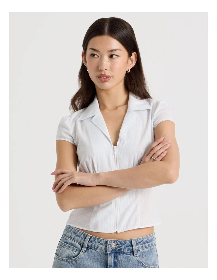 Fitted Short Sleeve Shirt with Zipper in White and Blue Stripe image 2