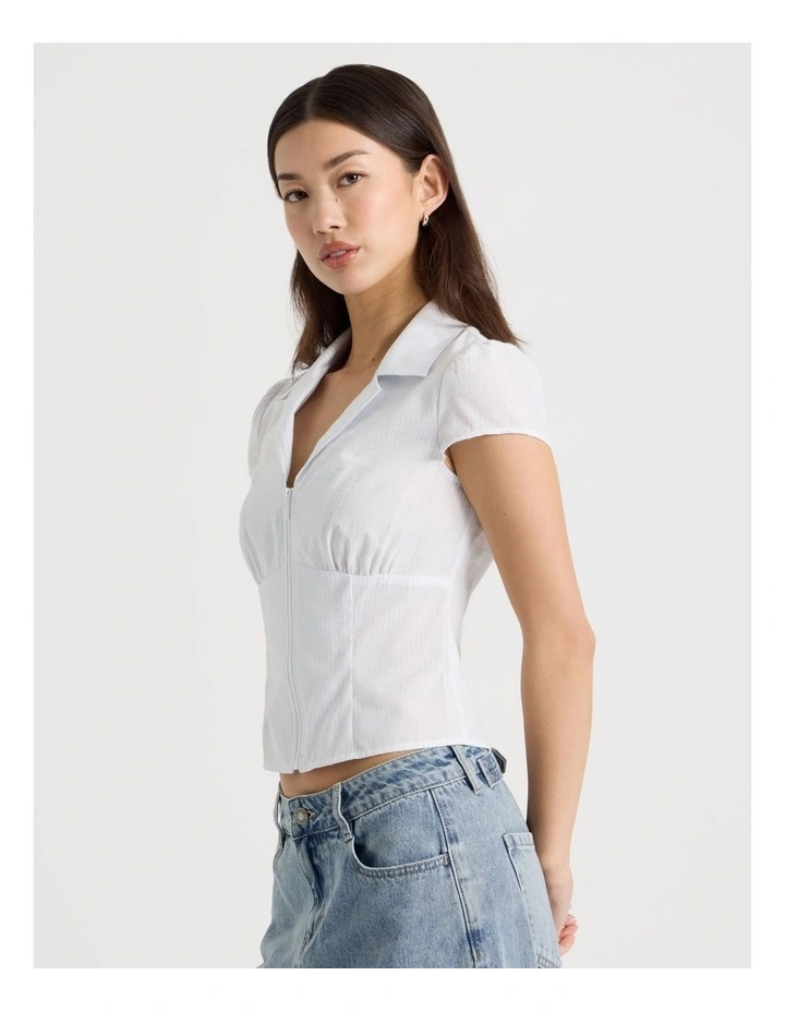 Fitted Short Sleeve Shirt with Zipper in White and Blue Stripe image 4