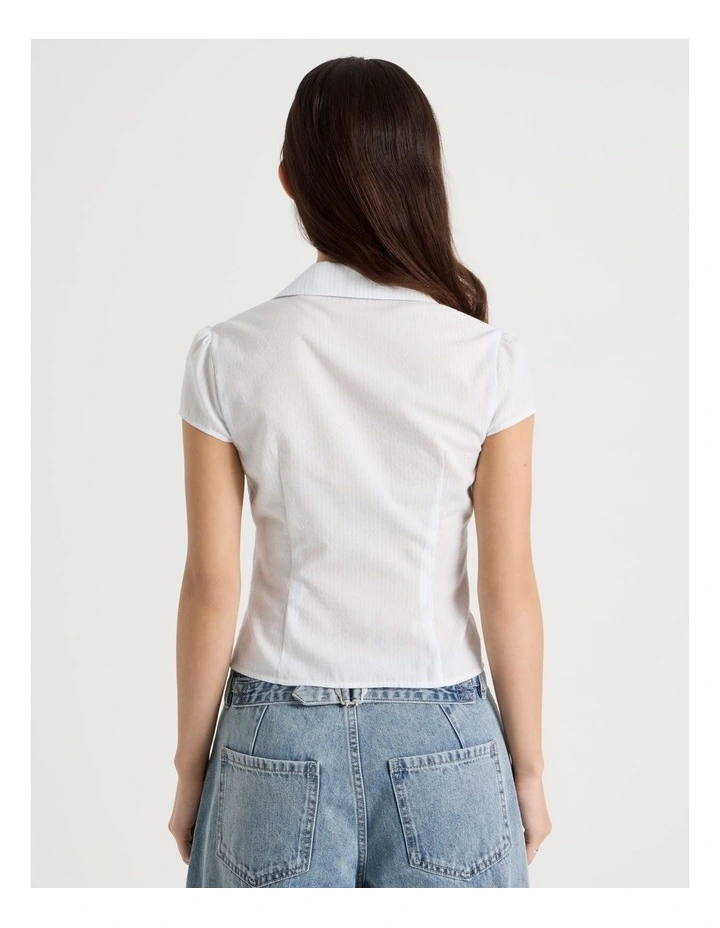 Fitted Short Sleeve Shirt with Zipper in White and Blue Stripe image 5