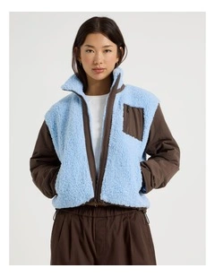 Fleece Zip Thru Jacket in Bracken and Chambray Blue