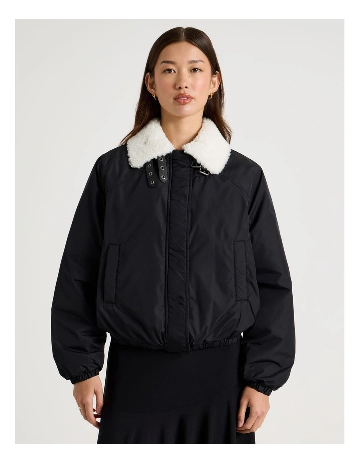 Boucle Collar Buckle Detail Bomber in Jet Black image 3