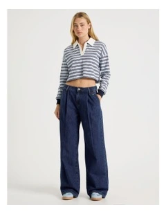 Mid Rise Wide Leg Pleated Jeans in Indigo