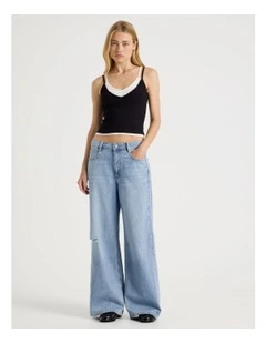 Mid Rise Distressed Wide Leg Jeans in Light Blue