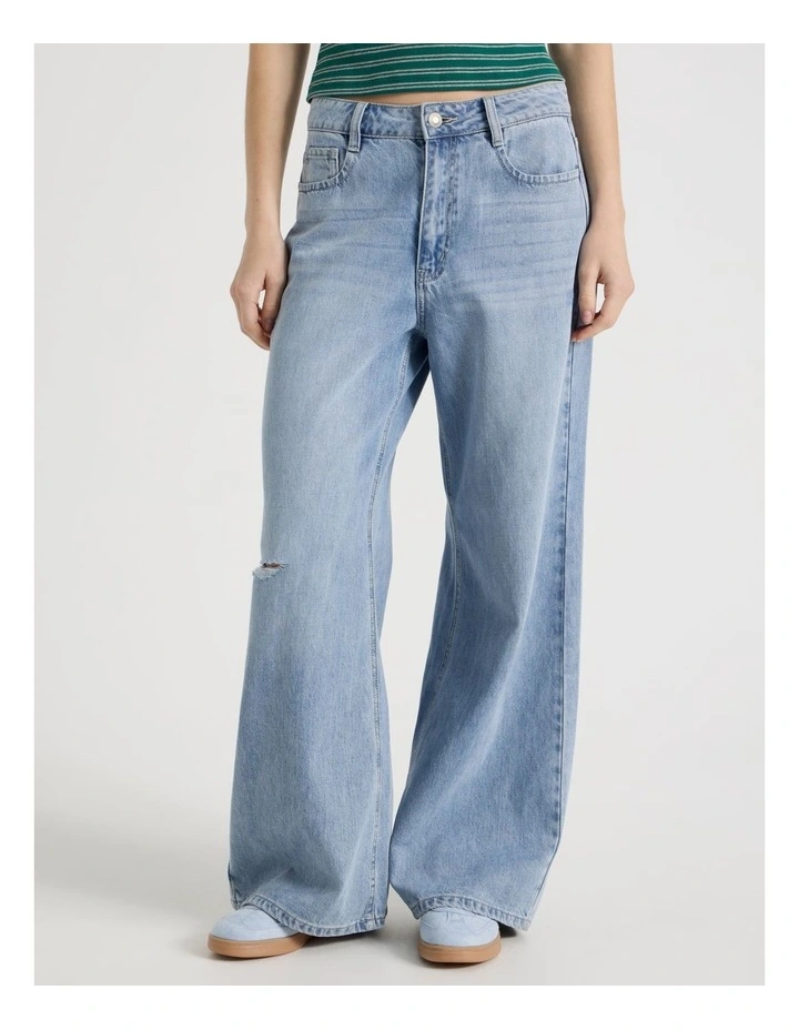 Mid Rise Distressed Wide Leg Jeans in Light Blue image 1