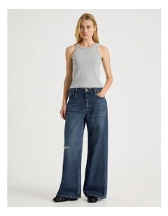 Mid Rise Distressed Wide Leg Jeans in Mid Blue