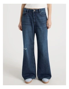 Mid Rise Distressed Wide Leg Jeans in Mid Blue