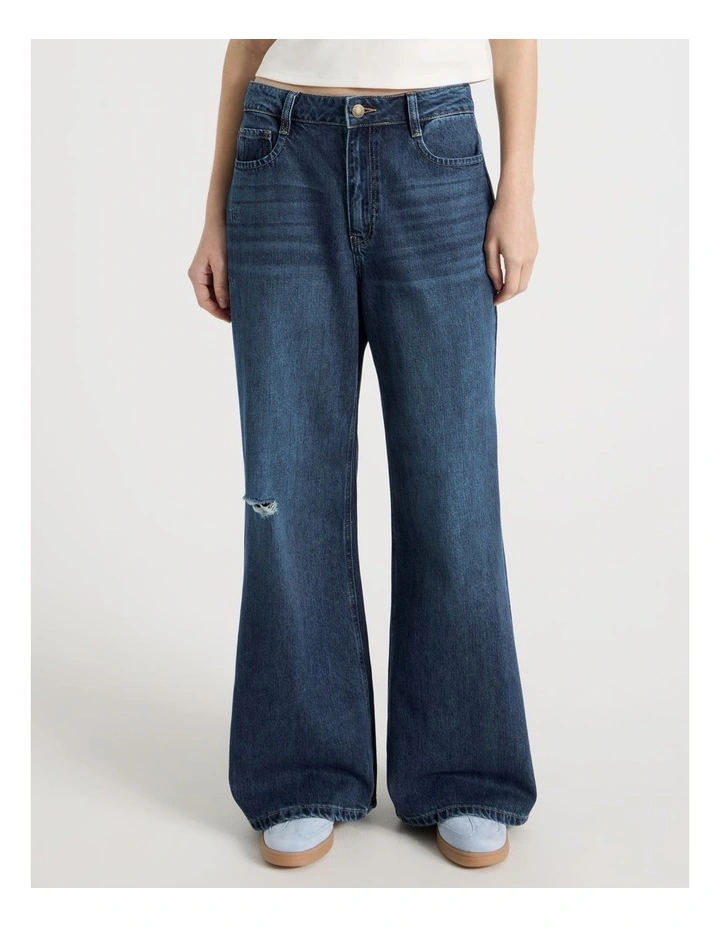 Mid Rise Distressed Wide Leg Jeans in Mid Blue image 1