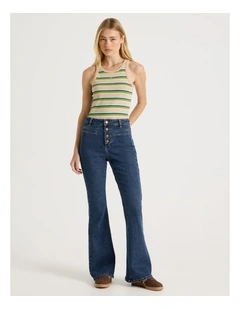 High Rise Flare Denim Jeans in Mid Blue