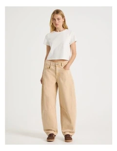Mid Rise Barrel Leg Jeans in Sand