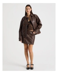 PU Distressed Mini Skirt in Brown