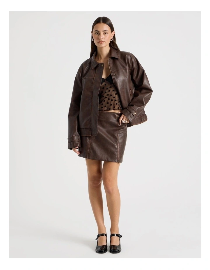 PU Distressed Mini Skirt in Brown image 1
