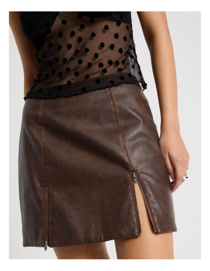 PU Distressed Mini Skirt in Brown image 2