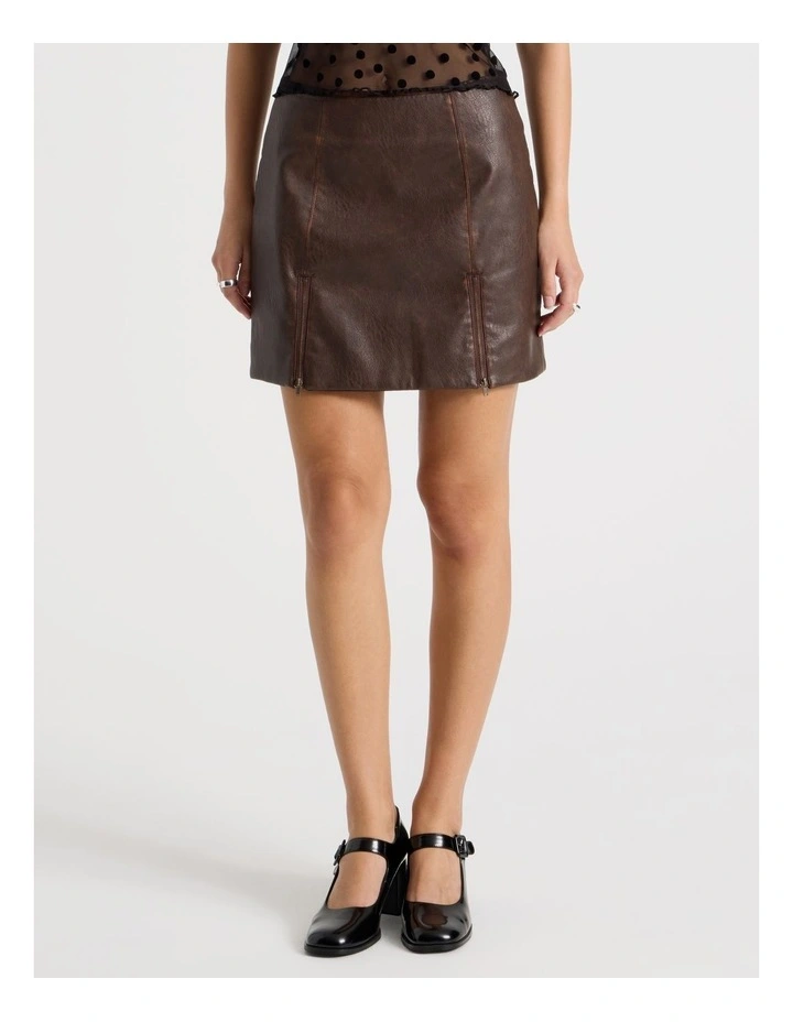PU Distressed Mini Skirt in Brown image 3