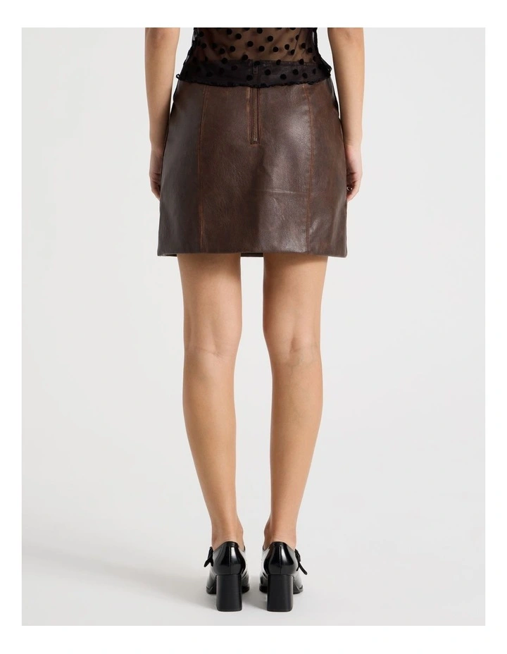 PU Distressed Mini Skirt in Brown image 4