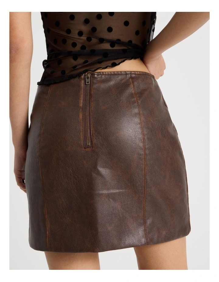 PU Distressed Mini Skirt in Brown image 5
