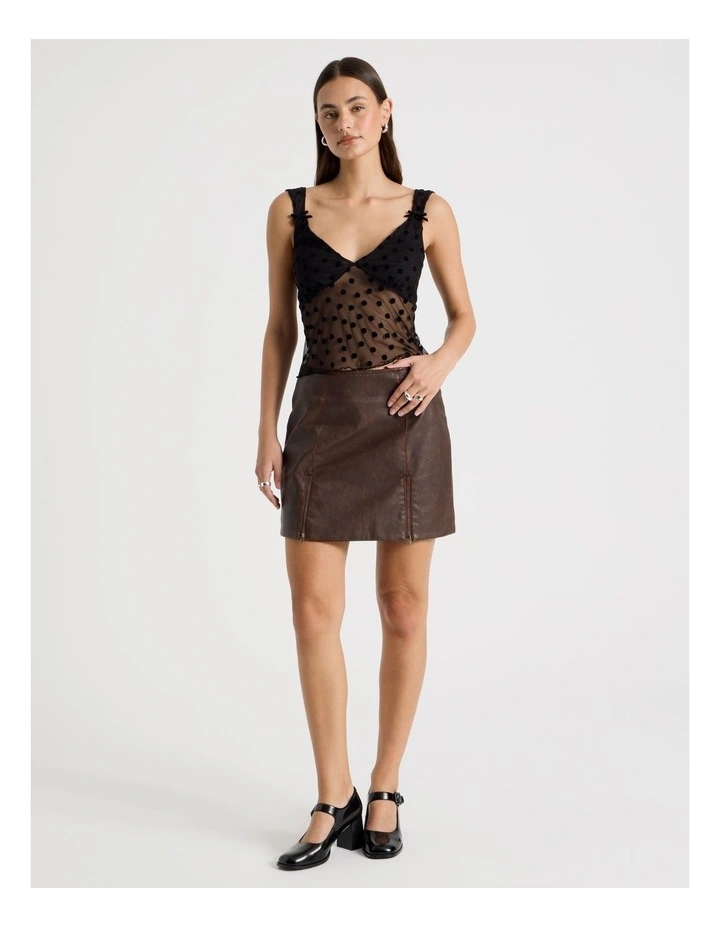 PU Distressed Mini Skirt in Brown image 6