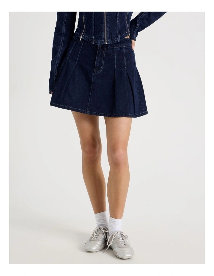 Pleated Denim Mini Skirt in Indigo image 2