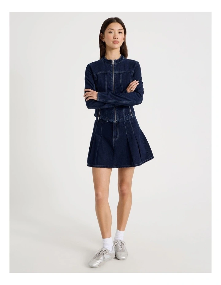 Pleated Denim Mini Skirt in Indigo image 3