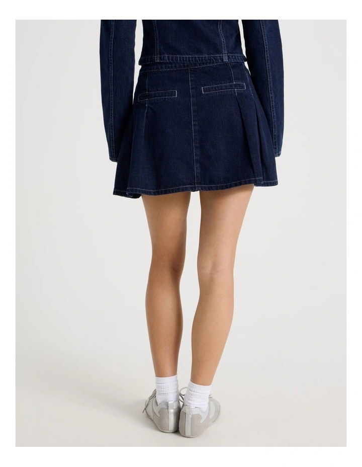Pleated Denim Mini Skirt in Indigo image 4