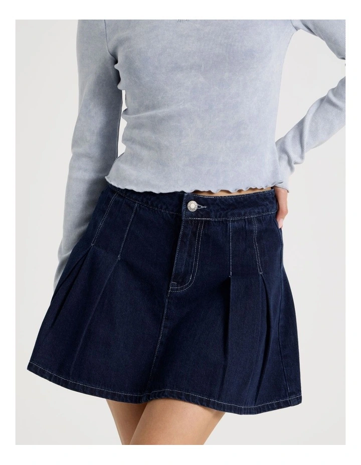 Pleated Denim Mini Skirt in Indigo image 5
