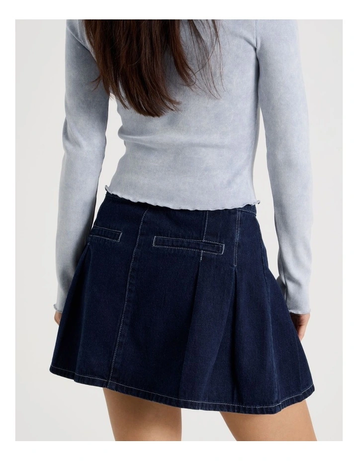 Pleated Denim Mini Skirt in Indigo image 6