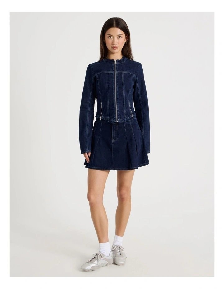Pleated Denim Mini Skirt in Indigo image 7