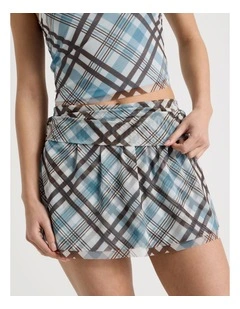 Fold Back Mesh Mini Skirt in Blue and Chocolate Check