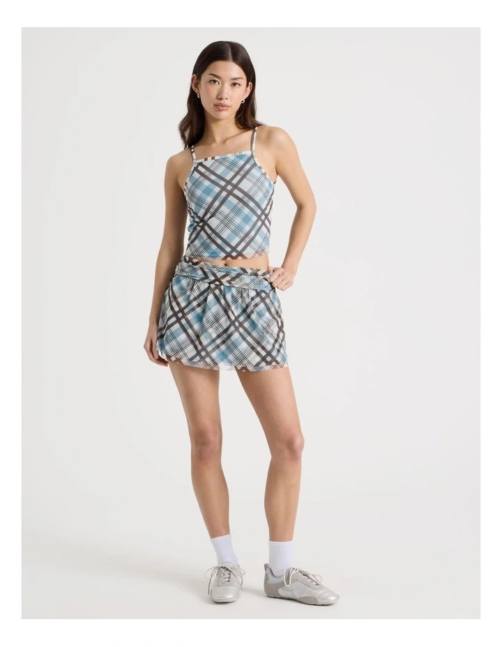 Fold Back Mesh Mini Skirt in Blue and Chocolate Check image 2