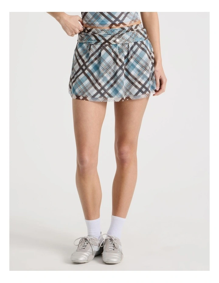 Fold Back Mesh Mini Skirt in Blue and Chocolate Check image 3