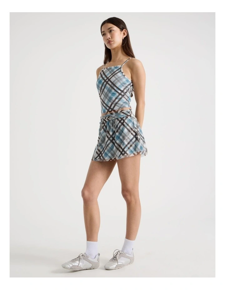 Fold Back Mesh Mini Skirt in Blue and Chocolate Check image 4