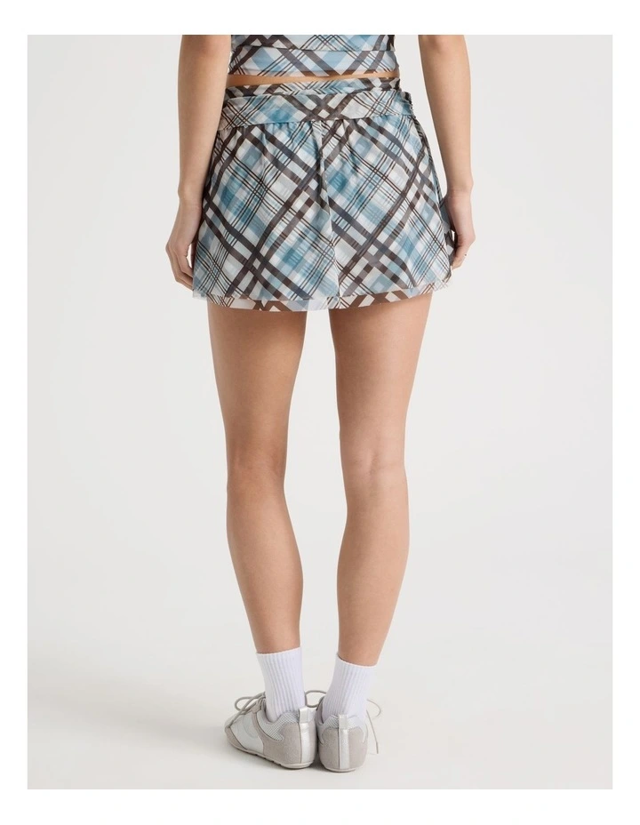 Fold Back Mesh Mini Skirt in Blue and Chocolate Check image 5