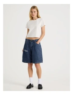 Mid Rise Denim Long Shorts in Mid Blue Wash