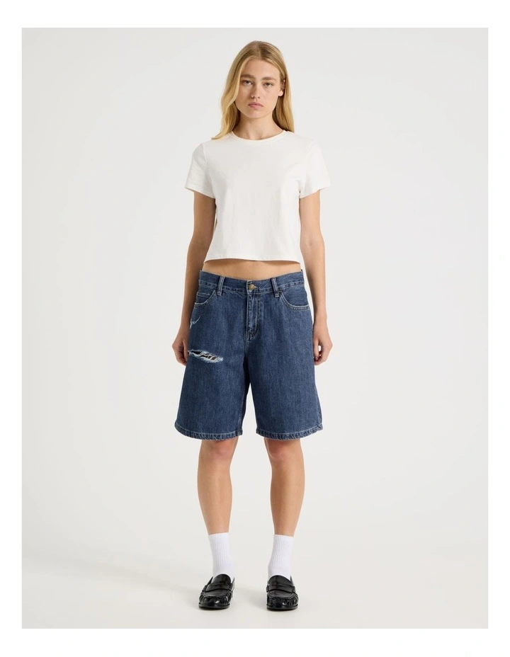 Mid Rise Denim Long Shorts in Mid Blue Wash image 3