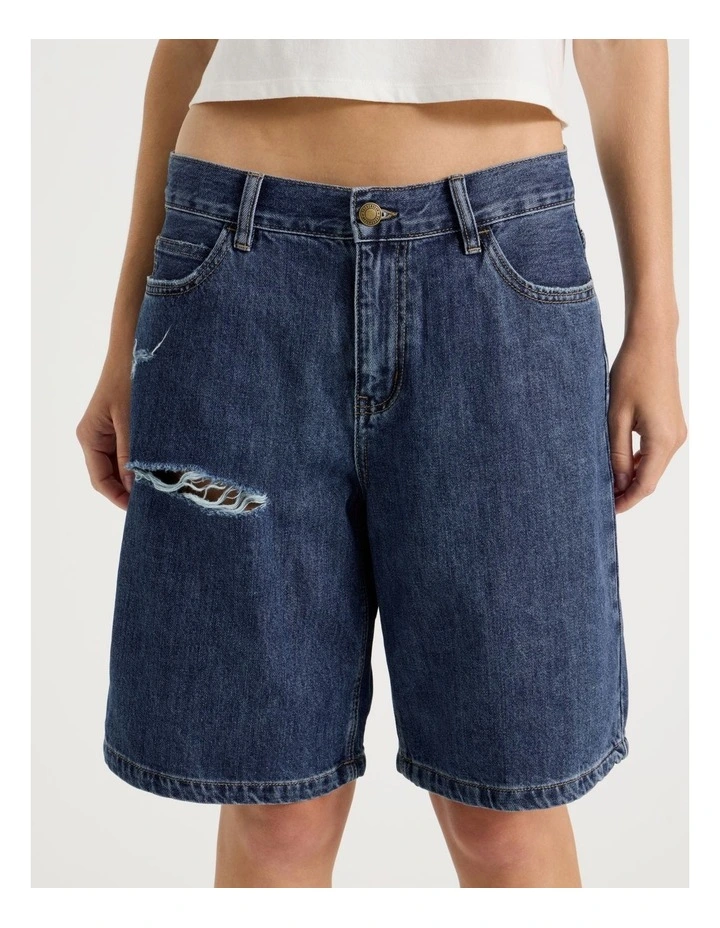 Mid Rise Denim Long Shorts in Mid Blue Wash image 4
