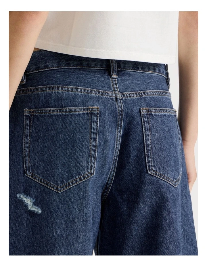 Mid Rise Denim Long Shorts in Mid Blue Wash image 6