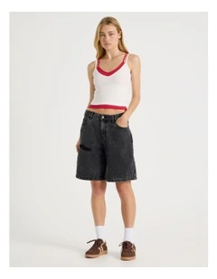 Mid Rise Denim Long Shorts in Black/Grey Wash