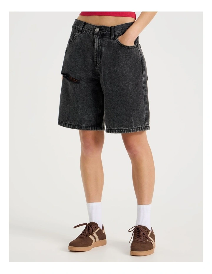 Mid Rise Denim Long Shorts in Black/Grey Wash image 4