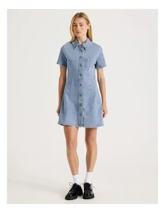 Denim Short Sleeve Shirt Dress in Light Blue