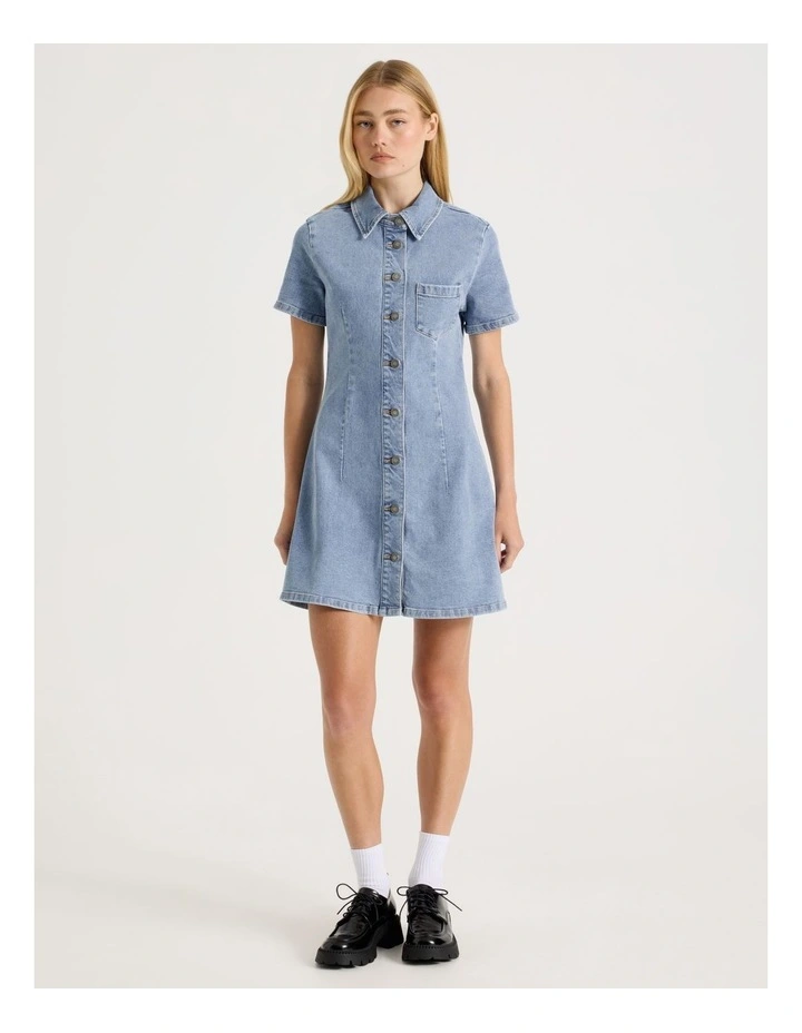 Denim Short Sleeve Shirt Dress in Light Blue image 1