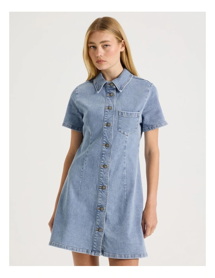 Denim Short Sleeve Shirt Dress in Light Blue image 2