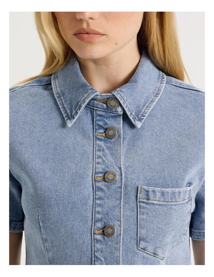 Denim Short Sleeve Shirt Dress in Light Blue image 6
