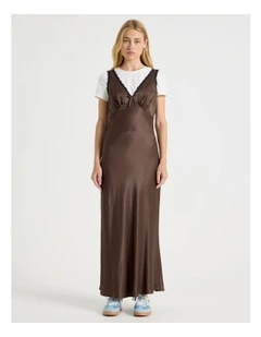 Lace Trim Midi Dress in Brown